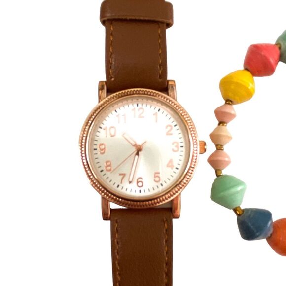 Gold Faux Leather Fashion Watch with 31 Bits Handmade Beaded Bracelet Stack Boho main image 4